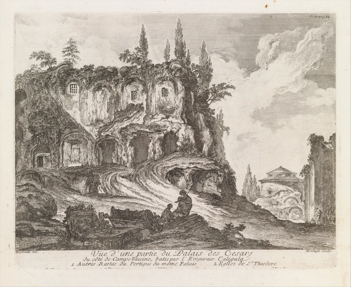 Vue d'une partie du Palais des Cesars du côté de Campo Vaccino, batie par l'Empereur Caligula, from Les Plus Beaux Monuments de Rome Ancienne ou Recueil des plus beaux Morceaux de l'Antiquité Romaine qui existent encore by Jean Barbault, print, 1761