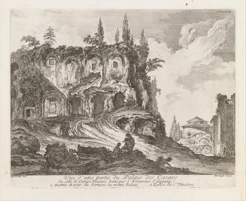 Vue d'une partie du Palais des Cesars du côté de Campo Vaccino, batie par l'Empereur Caligula, from Les Plus Beaux Monuments de Rome Ancienne ou Recueil des plus beaux Morceaux de l'Antiquité Romaine qui existent encore by Jean Barbault, print, 1761