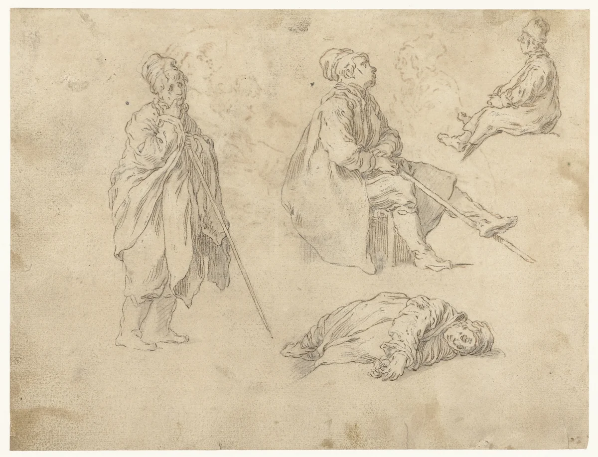 Zittende en staande jongen met stok by Abraham Bloemaert, drawing, 1625-1629