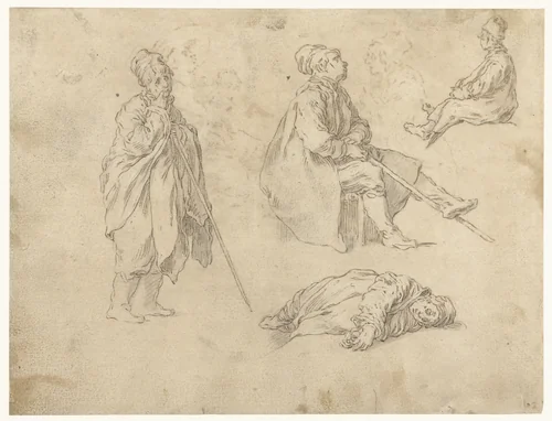 Zittende en staande jongen met stok by Abraham Bloemaert, drawing, 1625-1629