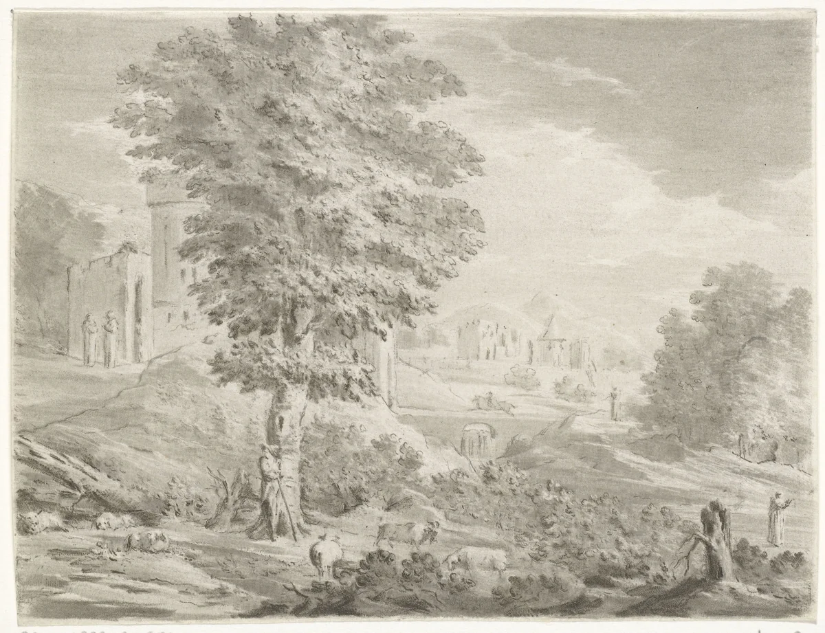 Landschap met herder en schapen by Jurriaan Cootwijck, print, 1724-1798