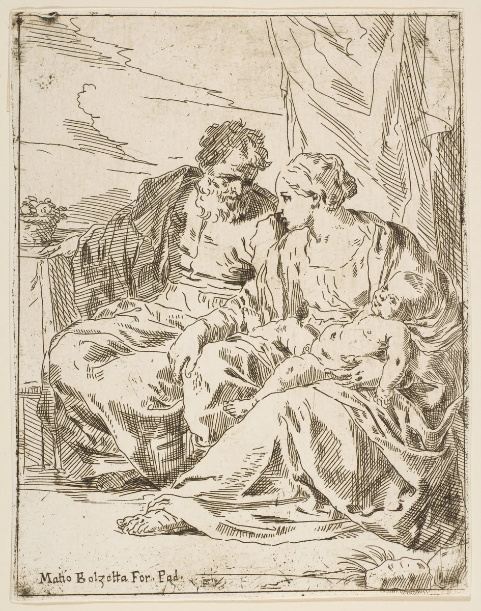 Rest on the flight into Egypt, Mary holding the infant Christ while St. Joseph points into the distance, copy after Cantarini by Simone Cantarini, print, 1632-1644