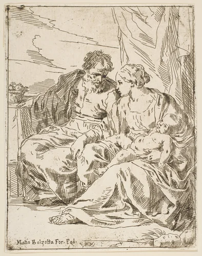 Rest on the flight into Egypt, Mary holding the infant Christ while St. Joseph points into the distance, copy after Cantarini by Simone Cantarini, print, 1632-1644