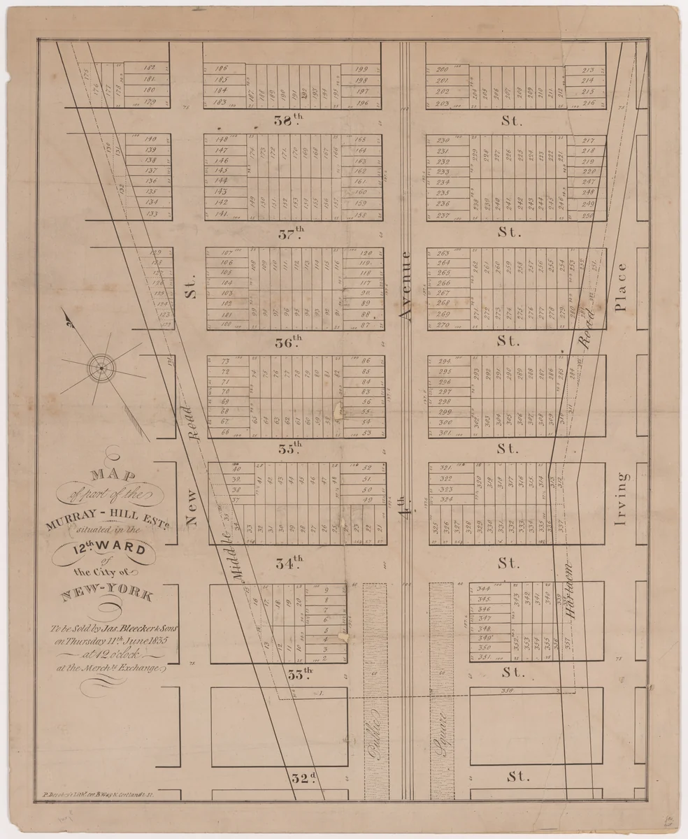 Map of part of the Murray-Hill Estate, Situated in the 12th Ward of the City of New York, to be sold by James Bleecker & Sons on Thursday 11th June 1835, at 12 o'clock, at the Merchant's Exchange by Prosper Desobry, print, 1835