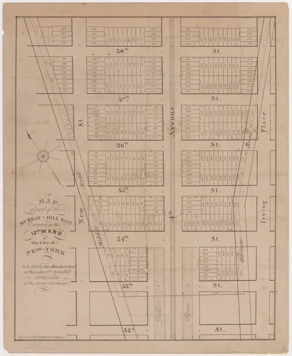 Map of part of the Murray-Hill Estate, Situated in the 12th Ward of the City of New York, to be sold by James Bleecker & Sons on Thursday 11th June 1835, at 12 o'clock, at the Merchant's Exchange by Prosper Desobry, print, 1835