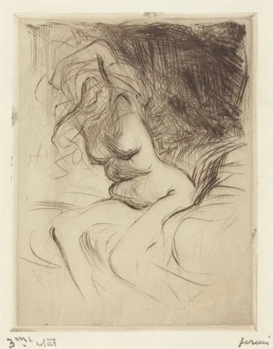 Femme nue passant sa chemise (Nude Woman Taking Off Her Chemise) by Jean-Louis Forain, print, 1910