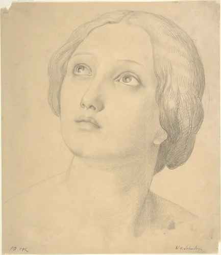 Head of a Woman Looking Up by Wilhelm Schadow, drawing, 1800-1862