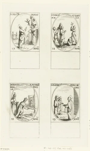 Heilige Gregorius Thaumaturgus, Heilige Romanus en Heilige Barulas van Antiochië, Bouw van de Sint-Pieter en de Sint-Paulus-buiten-de-Muren (Petrus' Kerkwijding en Paulus' Kerkwijding), Heilige Elisabeth van Hongarije (17-19 november) by Jacques Callot, print, 1632-1636
