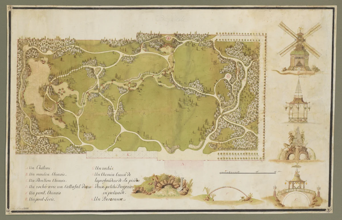 Plan for the Bagatelle Gardens with Elevations of Follies in the Chinoiserie Style by anonymous, drawing, 1783-1793