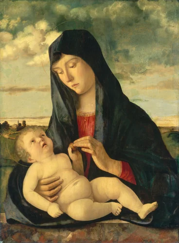 Madonna and Child in a Landscape by Giovanni Bellini, painting, 1480-1485