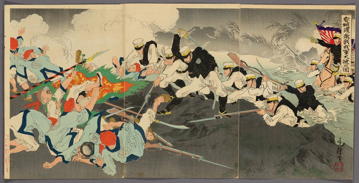 Great Victory of Our Troops at the Fierce Battle of the Ansong Ford (Anjo no watashi waga gun taisho no zu) by Migita Toshihide, print, 1894-1895