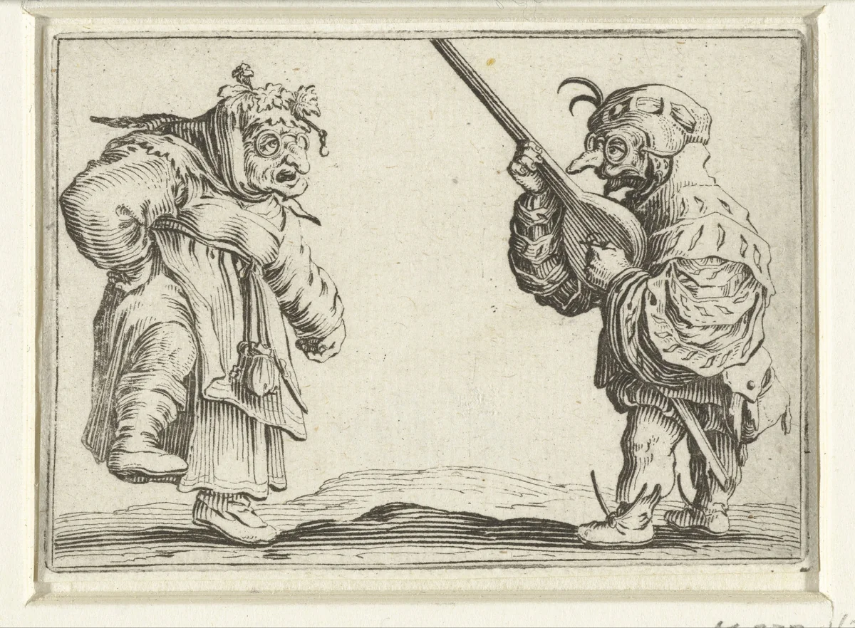 Dansende kleine mens (karikatuur) en luitspelende kleine mens (karikatuur) by Jacques Callot, print, 1621
