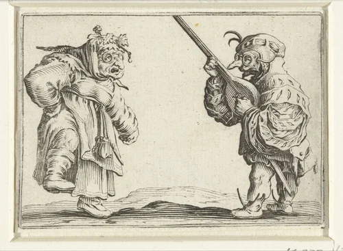 Dansende kleine mens (karikatuur) en luitspelende kleine mens (karikatuur) by Jacques Callot, print, 1621