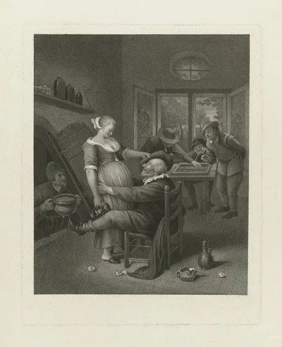 Kroegscène met oude man en jonge vrouw by Lambertus Antonius Claessens, print, 1792-1834
