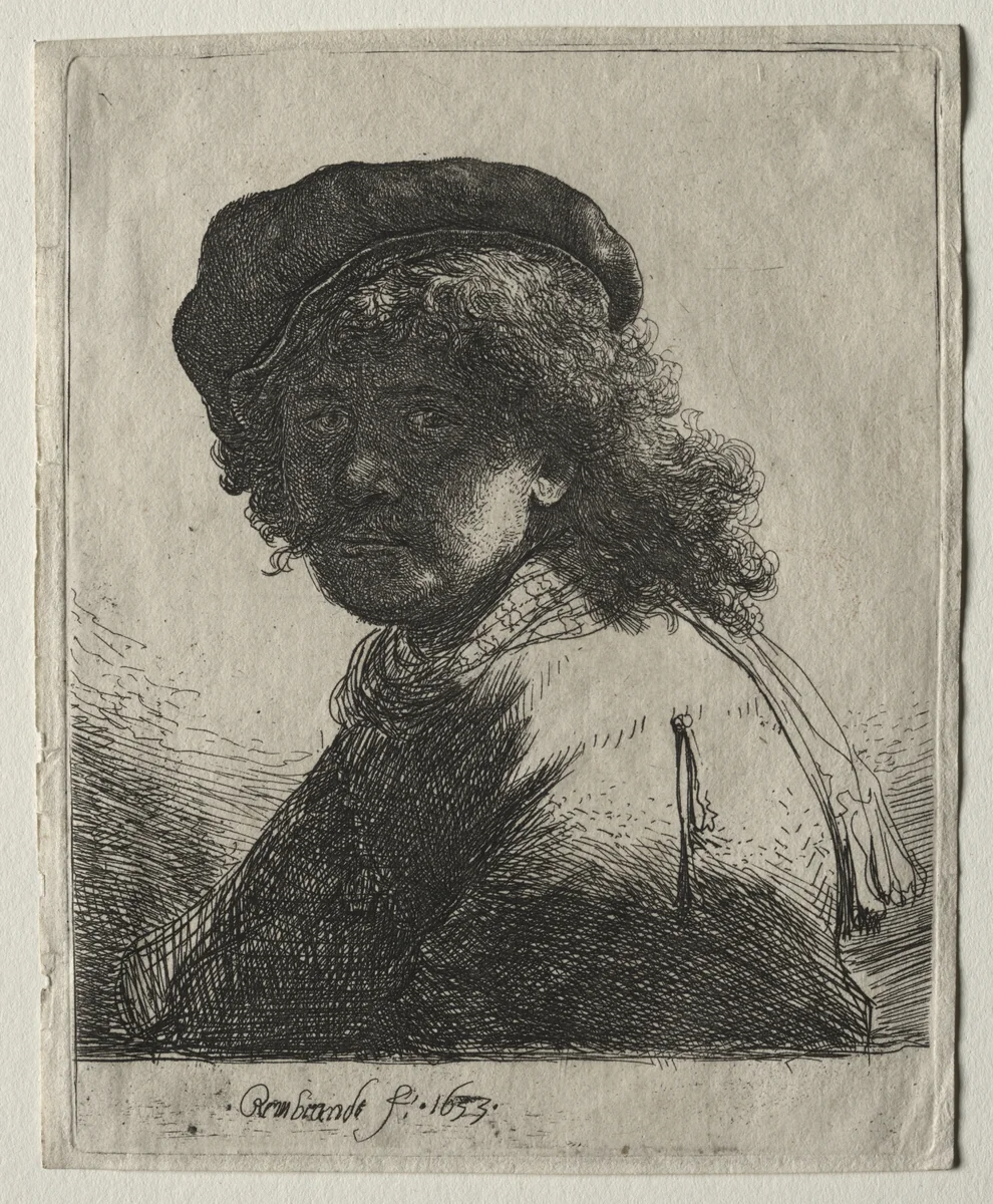 Self-Portrait in a Cap and Scarf with the Face Dark: Bust by Rembrandt van Rijn, print, 1633