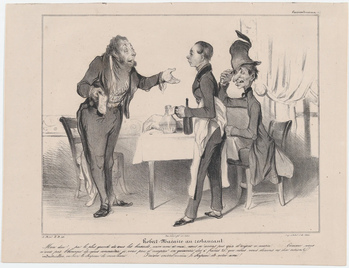 Plate 19: Robert Macaire at the restaurant, from 'Caricaturana,' published in Les Robert Macaires by Honoré Daumier, print, 1838