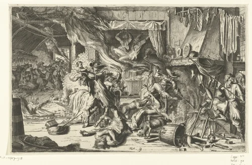 Wreedheden in een boerenhoeve, 1672 by anonymous, print, 1673-1677
