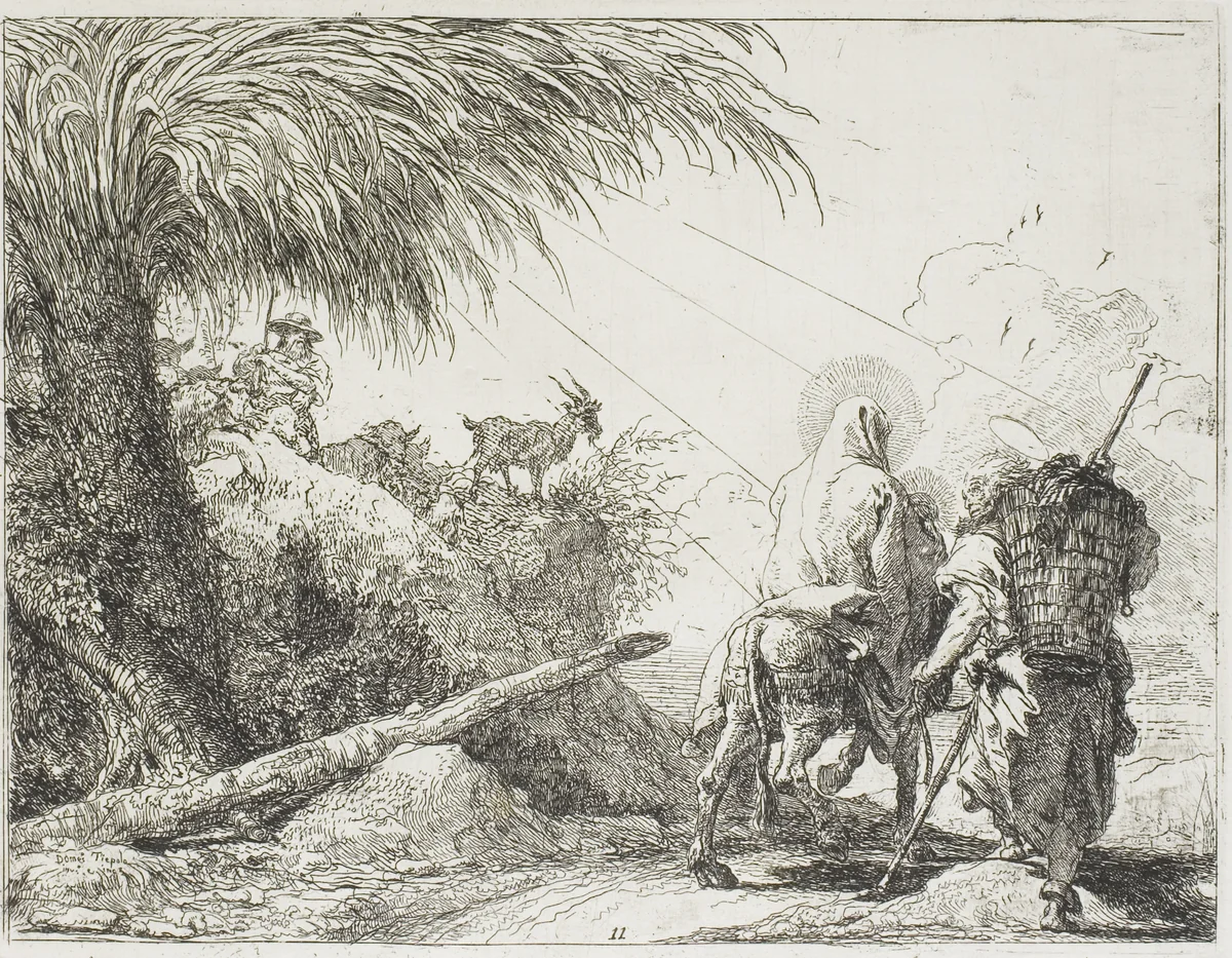 Joseph and Mary Passing a Shepherd and His Flock, plate eleven from The Flight into Egypt by Giovanni Domenico Tiepolo, print, 1753