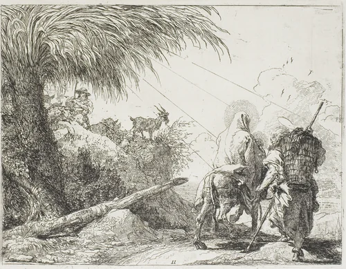 Joseph and Mary Passing a Shepherd and His Flock, plate eleven from The Flight into Egypt by Giovanni Domenico Tiepolo, print, 1753