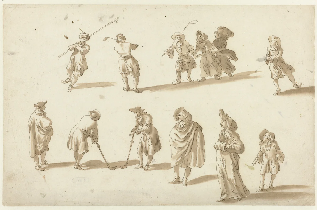 Schaatsers, kolfspelers en een heer en dame, gevolgd door een jongetje by Ludolf Bakhuysen, drawing, 1700