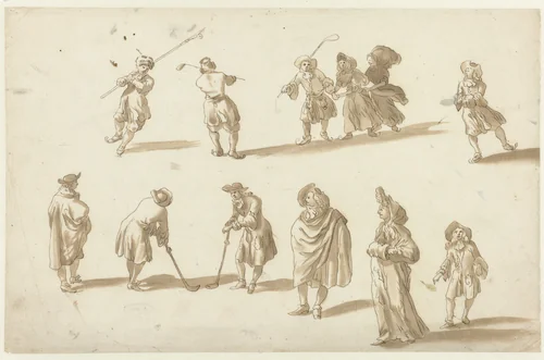 Schaatsers, kolfspelers en een heer en dame, gevolgd door een jongetje by Ludolf Bakhuysen, drawing, 1700