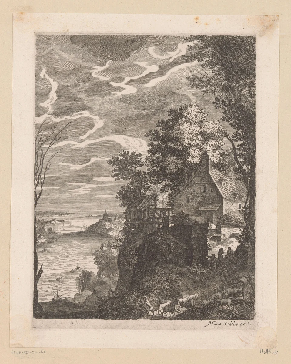 Rivier met rechts een kapel by Isaak Major, print, 1586-1630