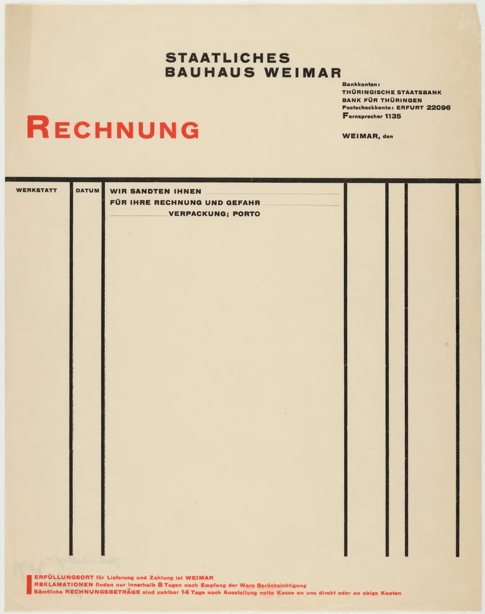 Stationery invoice for Staatliches Bauhaus Weimar Rechnung (State Bauhaus Weimar) by László Moholy-Nagy, design, 1924