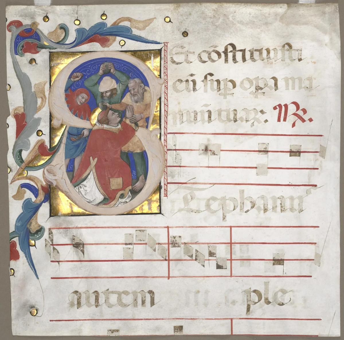 Fragment of an Antiphonary with Historiated Initial (S): The Stoning of St. Stephen by Nicolò da Bologna, manuscript, 1370-1372