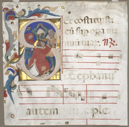 Fragment of an Antiphonary with Historiated Initial (S): The Stoning of St. Stephen by Nicolò da Bologna, manuscript, 1370-1372