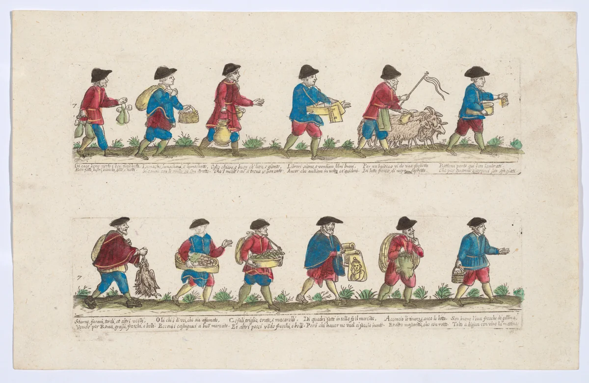 Plate 7 depicting the trades of Rome, here including vendors of books, chestnuts, portraits etc, from the 'Descrición de las artes que se llaman para los calles de la ciudad de Roma' by Remondini, print, 1765-1805