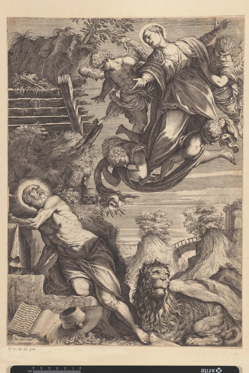 Maria verschijnt aan de heilige Hieronymus by Unknown, print, 1588