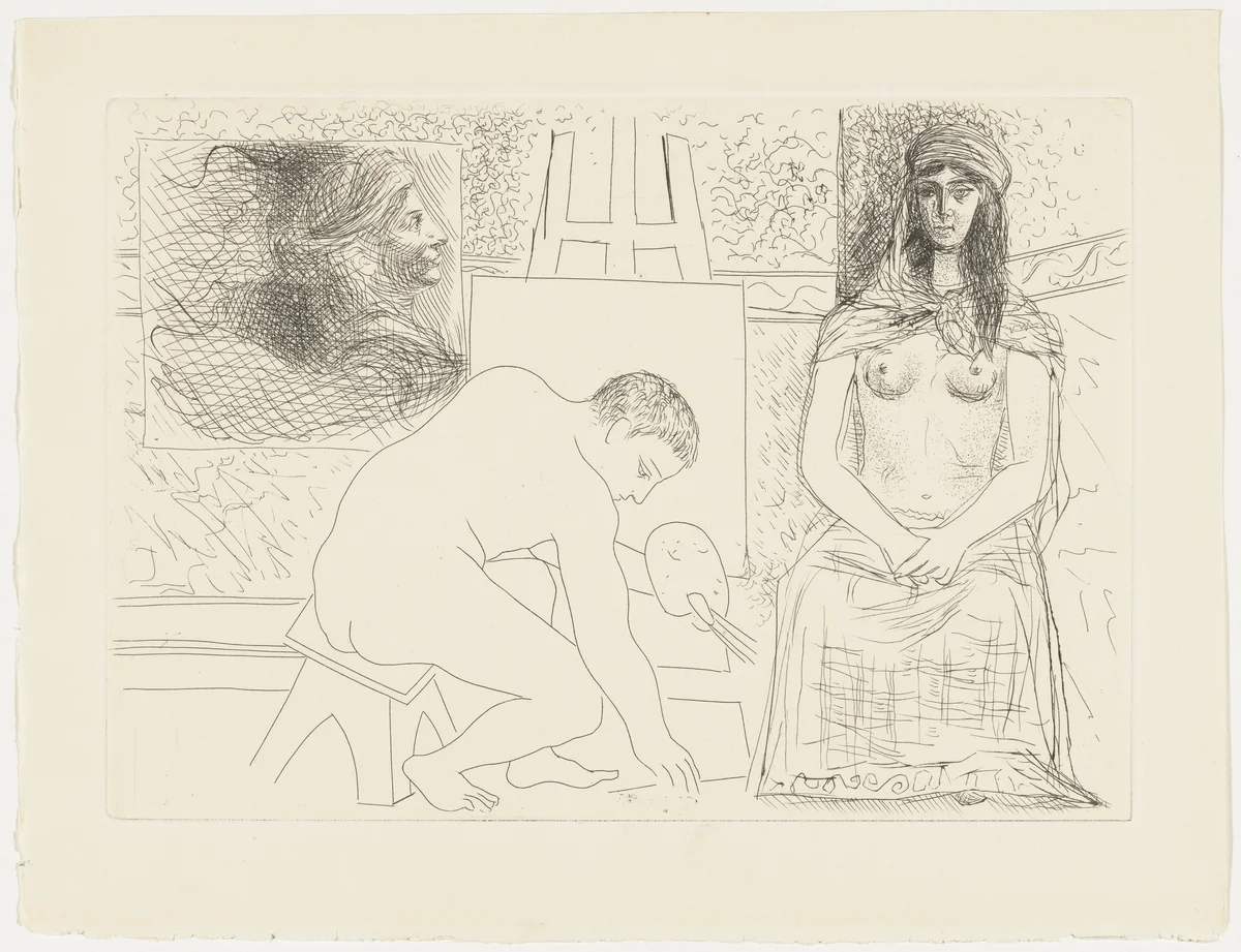 Painter Picking up His Brush, with a Model in a Turban from Le Chef-d'œuvre inconnu by Pablo Picasso, illustrated book, 1927