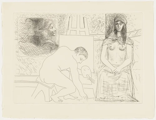 Painter Picking up His Brush, with a Model in a Turban from Le Chef-d'œuvre inconnu by Pablo Picasso, illustrated book, 1927