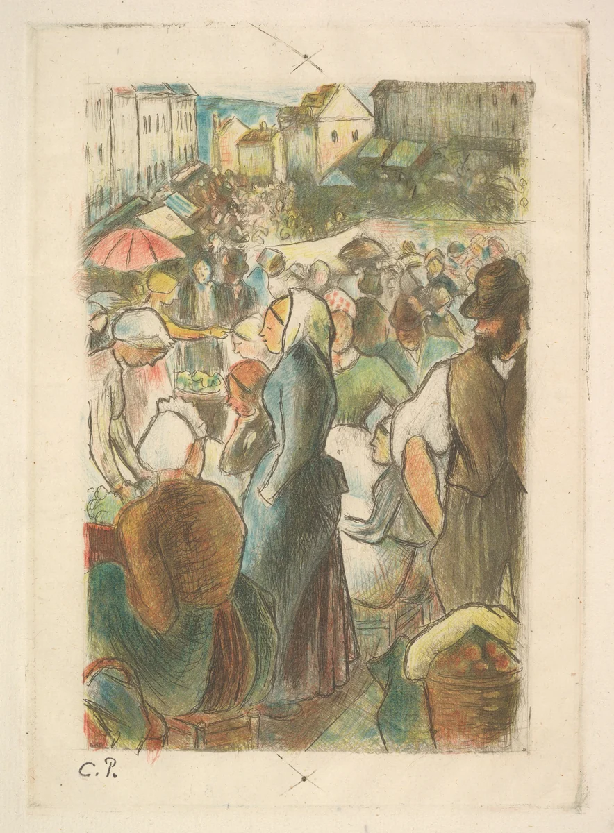 The Market at Gisors: Rue Cappeville by Camille Pissarro, print, 1894-1895