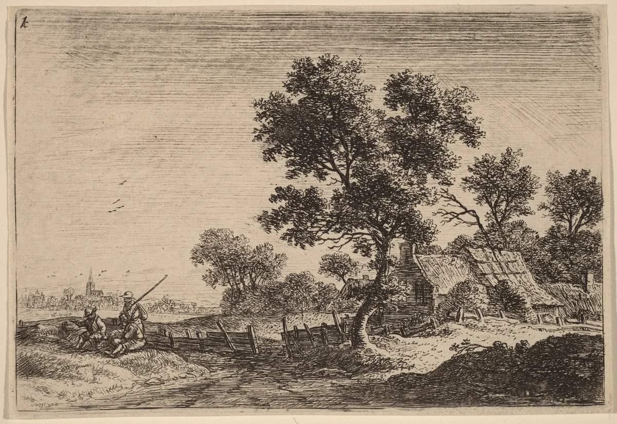 Three Peasants on a Knoll outside a Hamlet by Anthonie Waterloo, print, 1609-1690