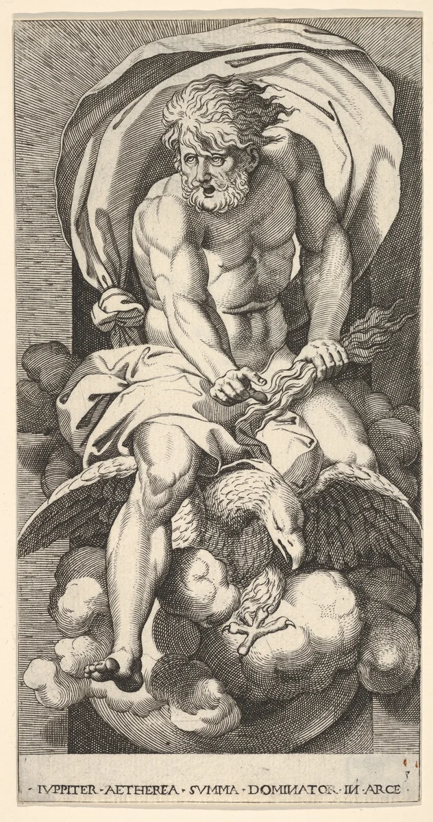 Plate 3: Jupiter emerging from a niche, riding an eagle and holding a thunderbolt in his left hand, from "Mythological Gods and Goddesses" by Giovanni Jacopo Caraglio, print, 1526