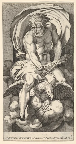 Plate 3: Jupiter emerging from a niche, riding an eagle and holding a thunderbolt in his left hand, from "Mythological Gods and Goddesses" by Giovanni Jacopo Caraglio, print, 1526
