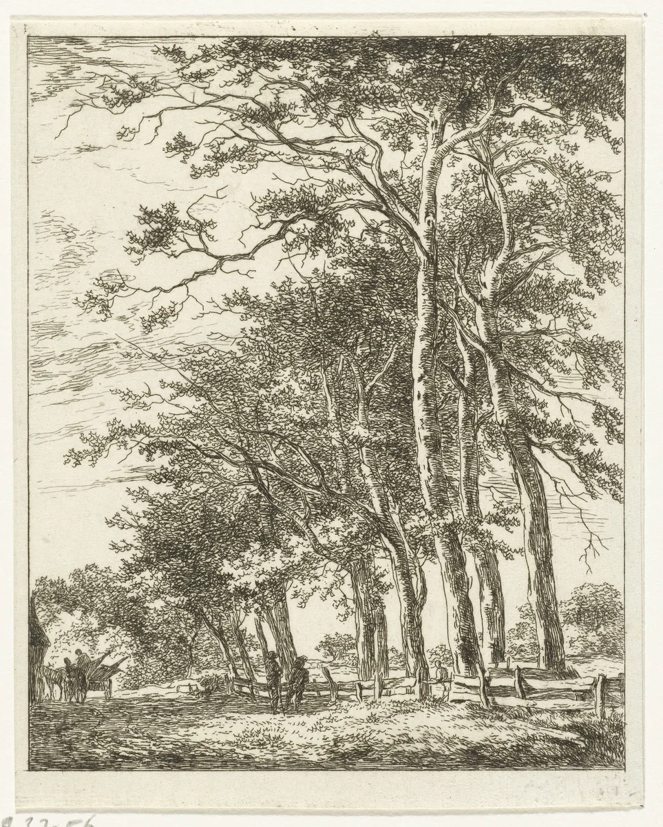 Twee staande figuren bij hoge bomen by Hermanus van Brussel, print, 1800-1815