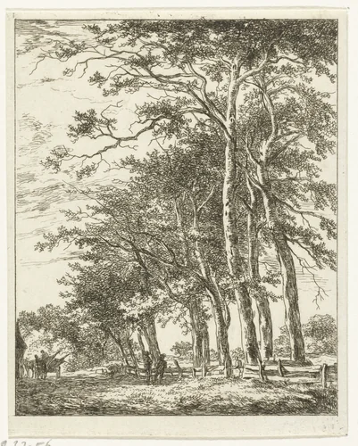 Twee staande figuren bij hoge bomen by Hermanus van Brussel, print, 1800-1815