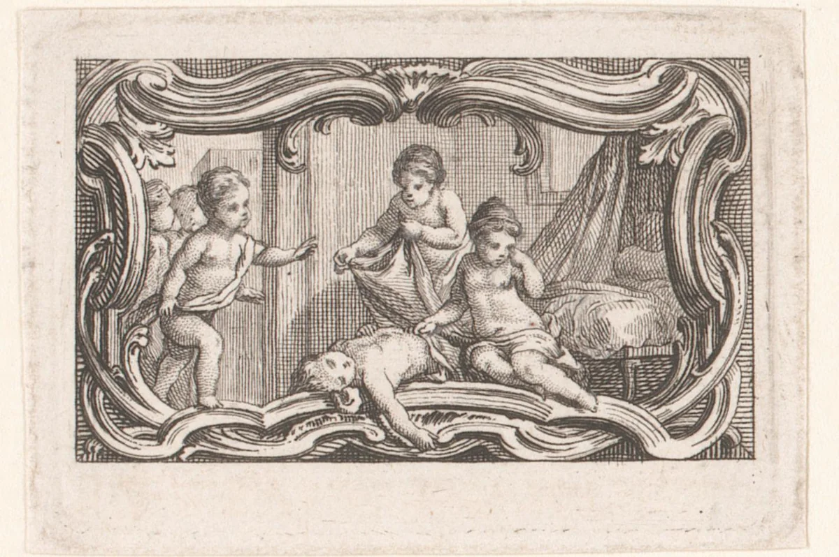 Vignet met putti die een liggende putto bedekken met een doek by Jacques-Philippe Le Bas, print, 1717-1783