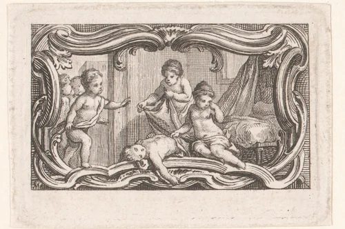 Vignet met putti die een liggende putto bedekken met een doek by Jacques-Philippe Le Bas, print, 1717-1783