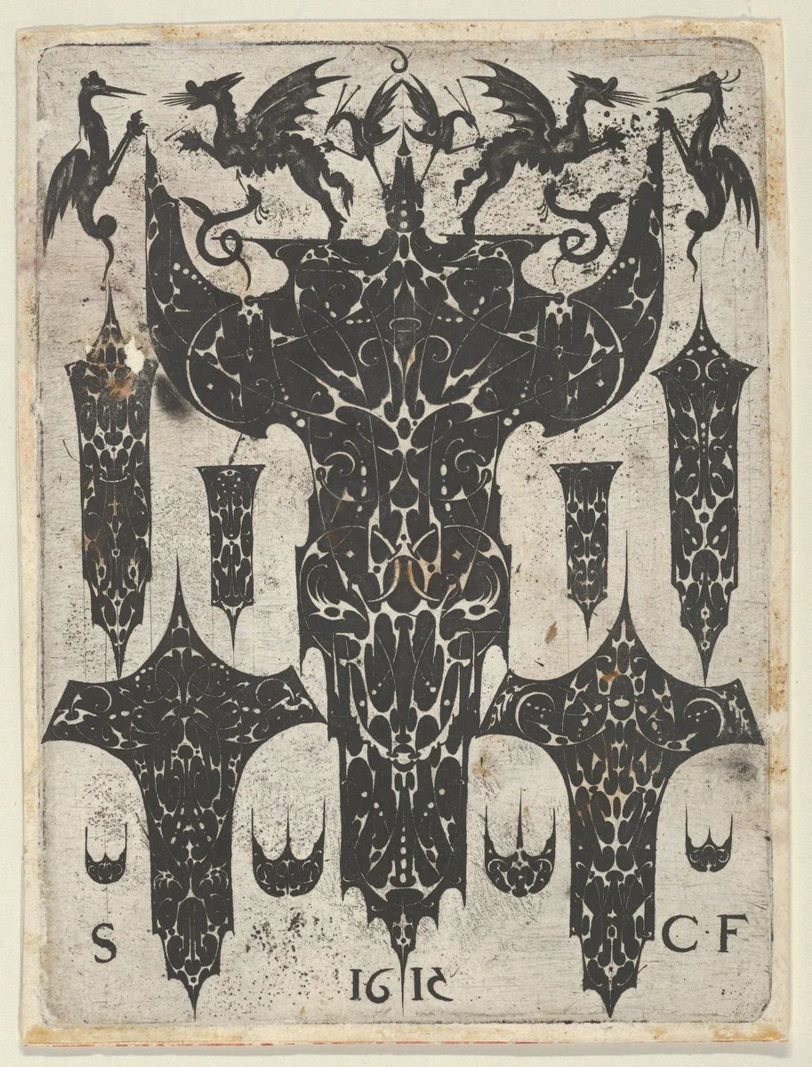 Blackwork Print with Grotesques Fighting on Top of a Large Motif Surrounded by Ten Smaller Motifs, from a Series of Blackwork Prints for Goldsmiths' Work by Etienne Carteron, print, 1615