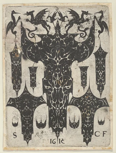 Blackwork Print with Grotesques Fighting on Top of a Large Motif Surrounded by Ten Smaller Motifs, from a Series of Blackwork Prints for Goldsmiths' Work by Etienne Carteron, print, 1615