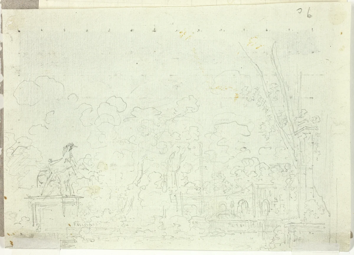 View of the Park at Versailles: Equestrian Statue Among Trees by Pierre Antoine Mongin, drawing, 1781-1827
