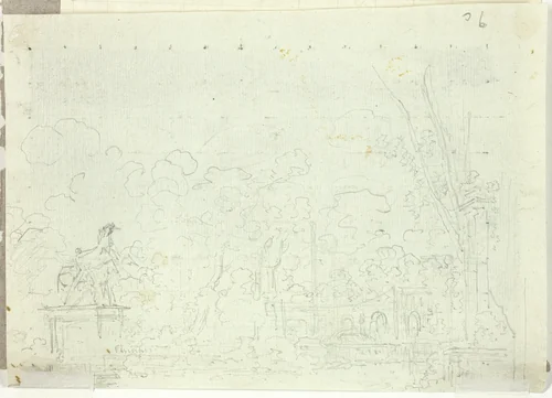 View of the Park at Versailles: Equestrian Statue Among Trees by Pierre Antoine Mongin, drawing, 1781-1827