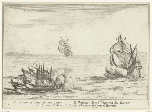 Galeien van Cosimo II de' Medici vallen een Turkse bertone aan by Jacques Callot, print, 1617