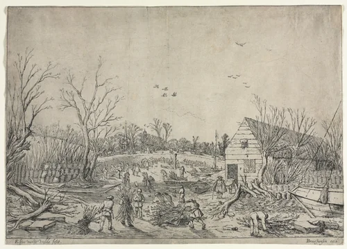 The Great Flood of January 10, 1624 (or Repairing the Broken Dike on the River Lek by Vianen, 1624) by Esaias van de Velde, print, 1619-1629
