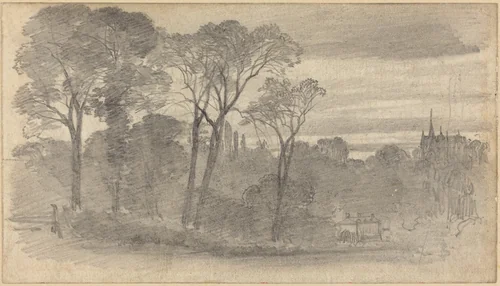 An Evening Landscape with a Distant Cathedral by Myles Birket Foster, drawing, 1825-1899