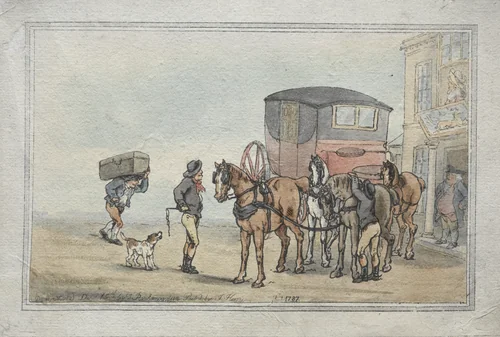 Postboys and Posthorses at the White Hart Inn by Thomas Rowlandson, print, 1787