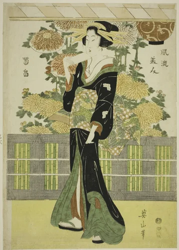 Fashionable Beauties in a Chrysanthemum Garden (Furyu bijin kikubatake) by Kikukawa Eizan, print, 1805-1815